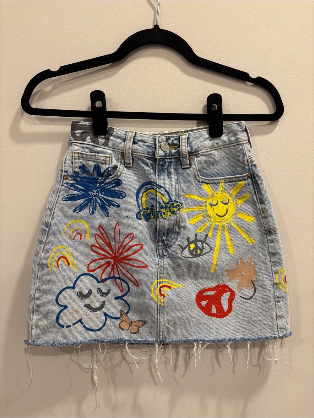 PacSun High Rise Graffiti Paint Denim Mini Skirt Size 24 Y2K Streetwear